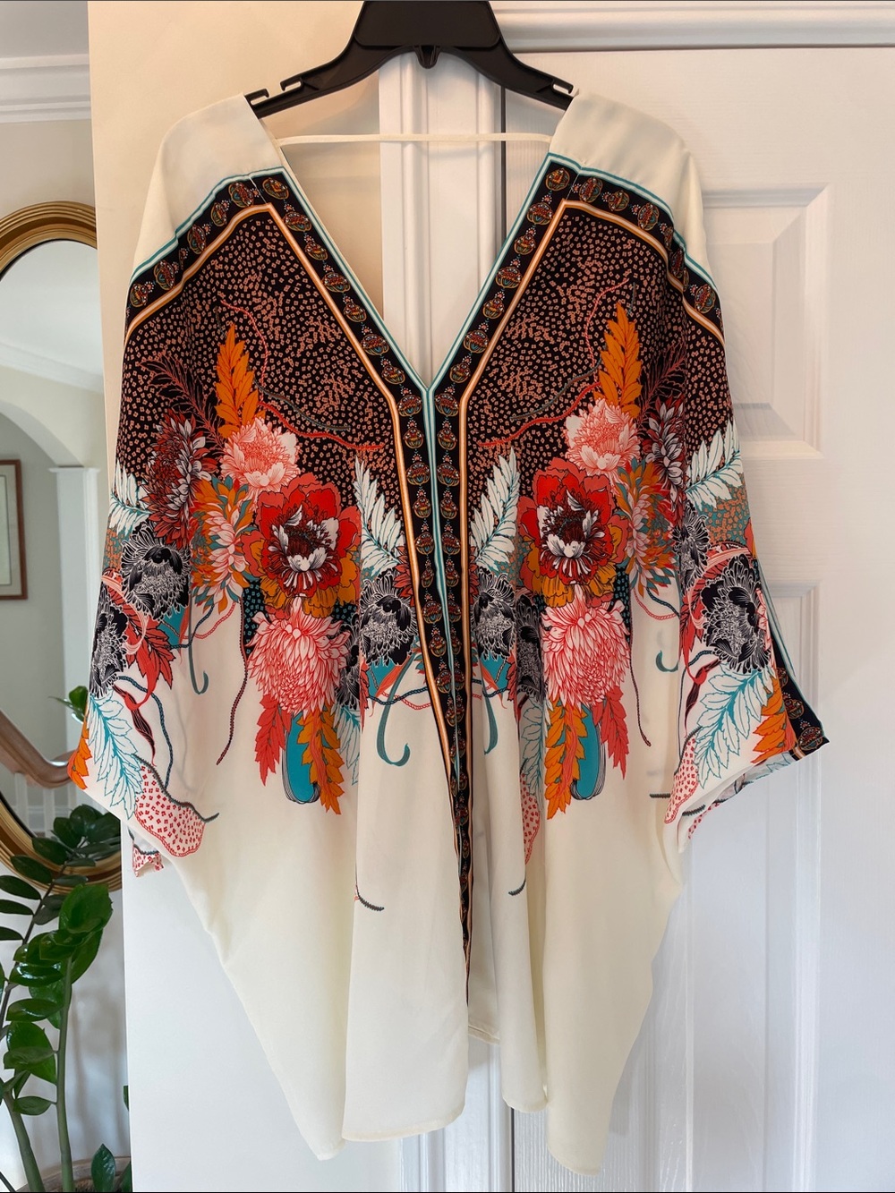 Rose & Olive Cream Floral Boho Tunic with Red Orange Teal Accents
